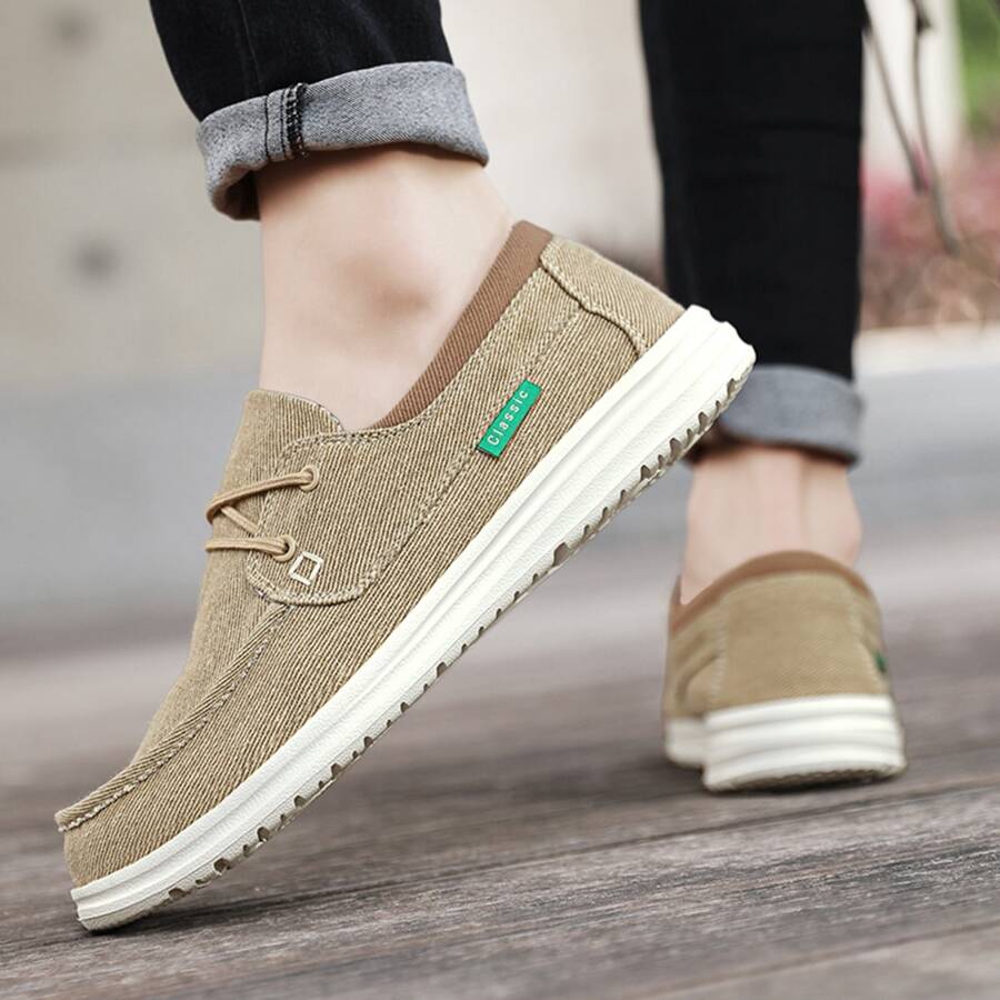 男士流行一腳蹬鞋帶卡其色字母貼布和帆布材料 - 卡其色 - 查看 1