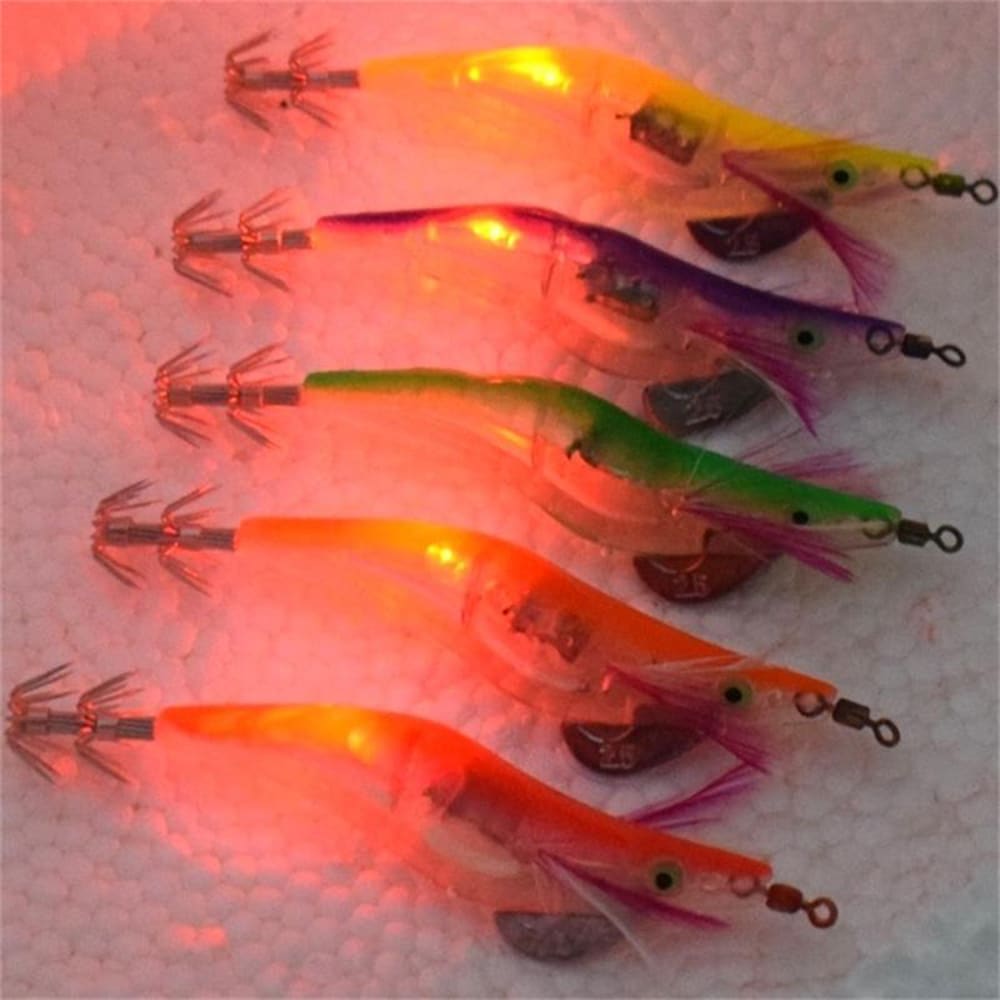 1入組夜光烏賊鉤帶電子蝦LED電池,木頭蝦和章魚鉤適用於烏賊垂釣,夜光人造餌