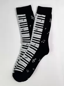 1pair Men's Mid-Calf Piano & Music Note Patterned Fashion Socks, Fall