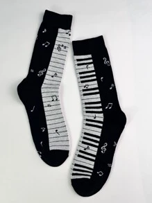 1pair Men's Mid-Calf Piano & Music Note Patterned Fashion Socks, Fall