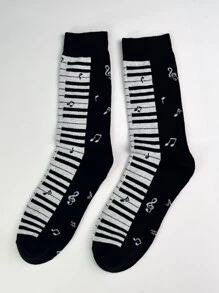 1pair Men's Mid-Calf Piano & Music Note Patterned Fashion Socks, Fall