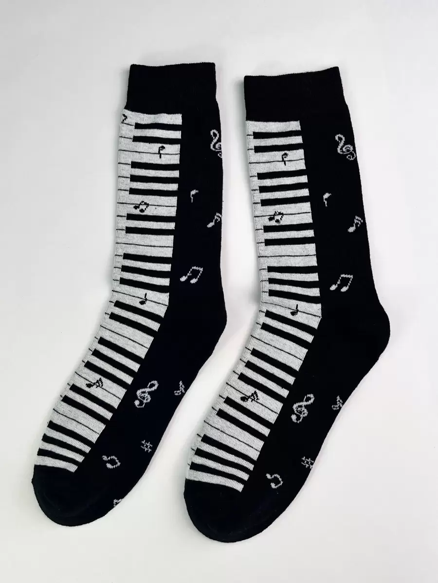 1pair Men's Mid-Calf Piano & Music Note Patterned Fashion Socks, Fall