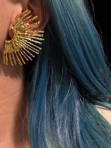 1pair Geometric Design Statement Hollow Out Left & Right Side Earrings, European And American Style - Yellow Gold - View 1