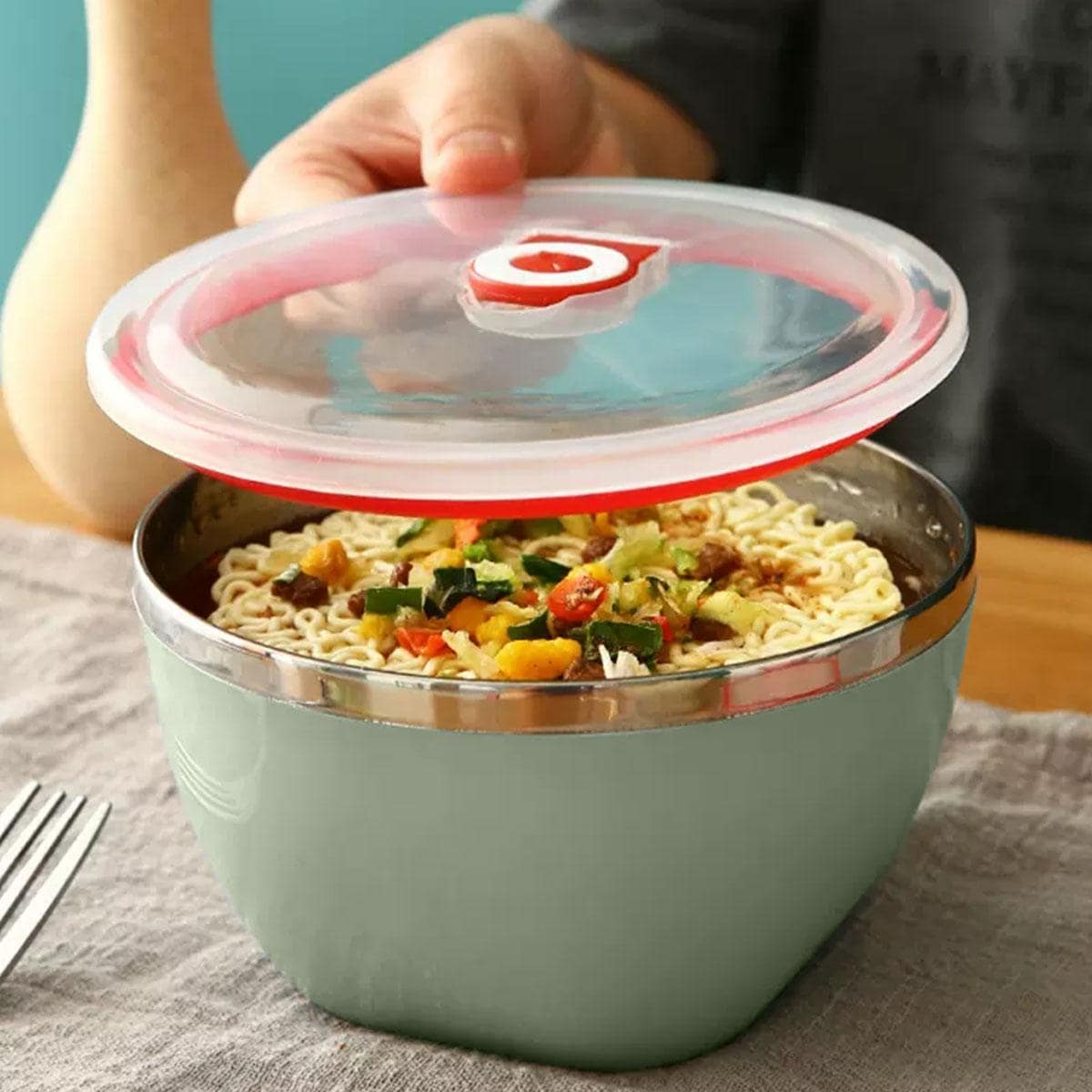 Bol à Nouilles En Acier Inoxydable 900 Ml - Double Paroi Isolante Creuse Avec Couvercle - Support Téléphone Intégré - Vert - 4