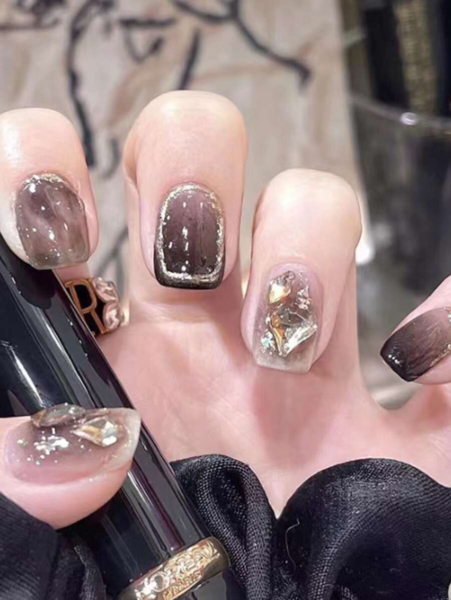 24 cái Đen Nước đá Biến đổi dần Móng tay giả Với Pha lê & Gold Foil Đồ trang trí , Với Thạch Gel Và Giũa móng tay - Nhiều màu - Xem 1