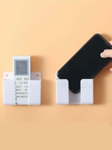 1pc Plastic Phone Charging Stand Wall Mount Remote Control Holder Storage Box Adhesive Wall Organizer Shelf Without Drilling - White - View 3