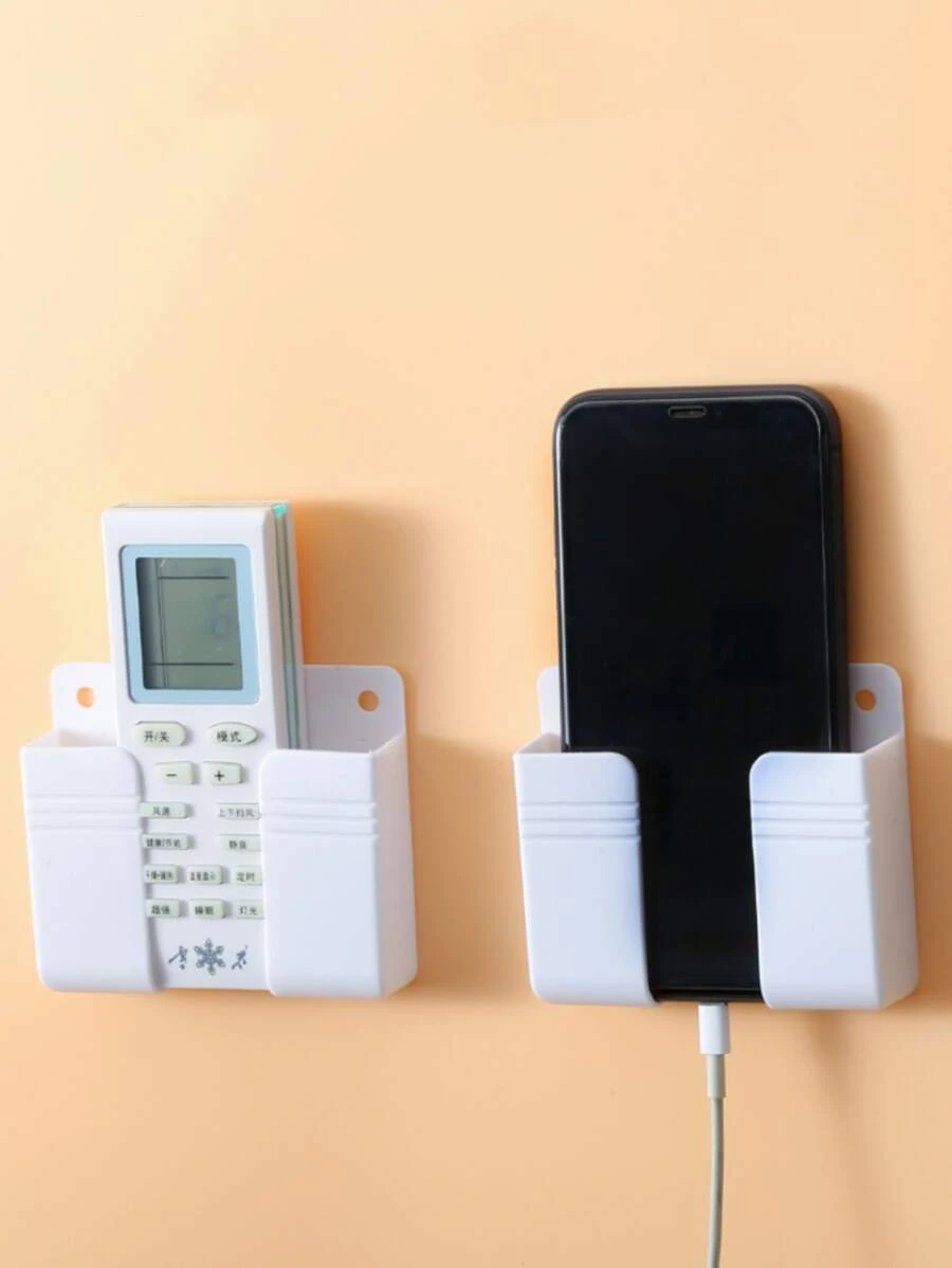 1pc Plastic Phone Charging Stand Wall Mount Remote Control Holder Storage Box Adhesive Wall Organizer Shelf Without Drilling - White - View 1