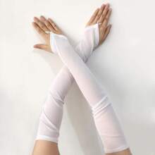 1pair Women's Plain 49cm Net Fishnet Fingerless Long Gloves Halloween - White - View 1