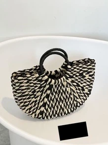 草編織包夏季沙灘包便攜編織包 - 黑與白 - 查看 6