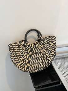 草編織包夏季沙灘包便攜編織包 - 黑與白 - 查看 4