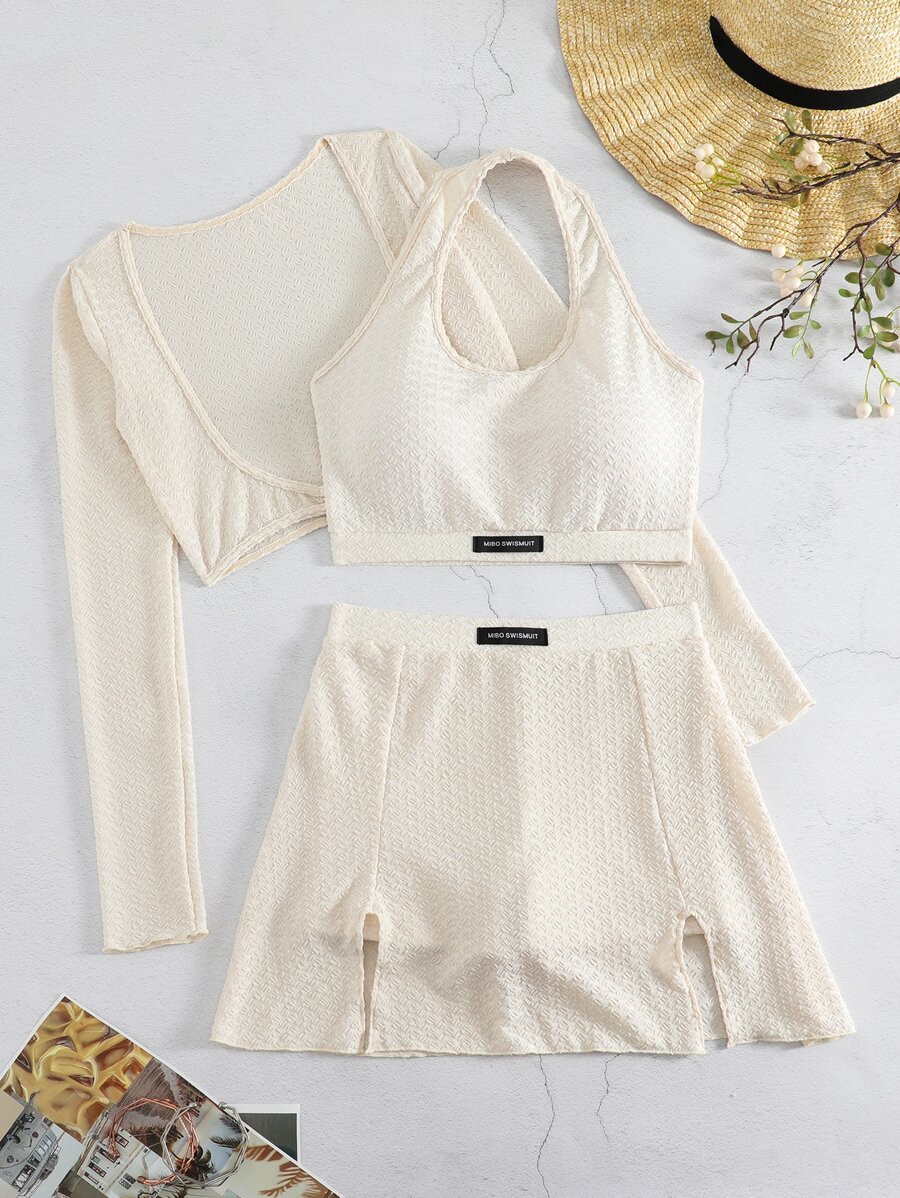 Bañador bikini unicolor con cover up - Beis - Ver 1