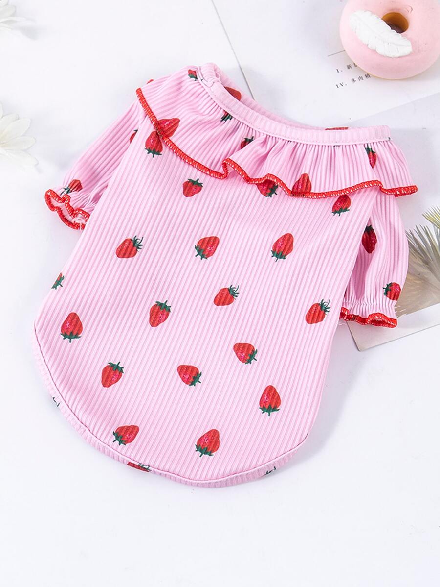 可愛草莓圖案寵物T恤,透氣針織夏天狗衣服適用於小型犬 - 粉色 - 查看 1