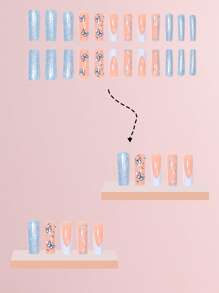 24入組長款棺材造型蝴蝶樣式金屬亮絲ABS全覆蓋水潤光澤假指甲+1入組隨機色指甲銼+1入組織帶 - 彩色 - 查看 3