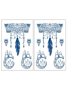 草本手部暫時性紋身貼紙(持續7-14天),一套2個羽毛和鏈式手部暫時性紋身貼紙,手指和手腕組合暫時性紋身貼紙為手鏈吊墜設計,一次性紋身貼紙,非常適合女性沙漠風手部暫時性紋身貼紙 - 藍色 - 查看 3