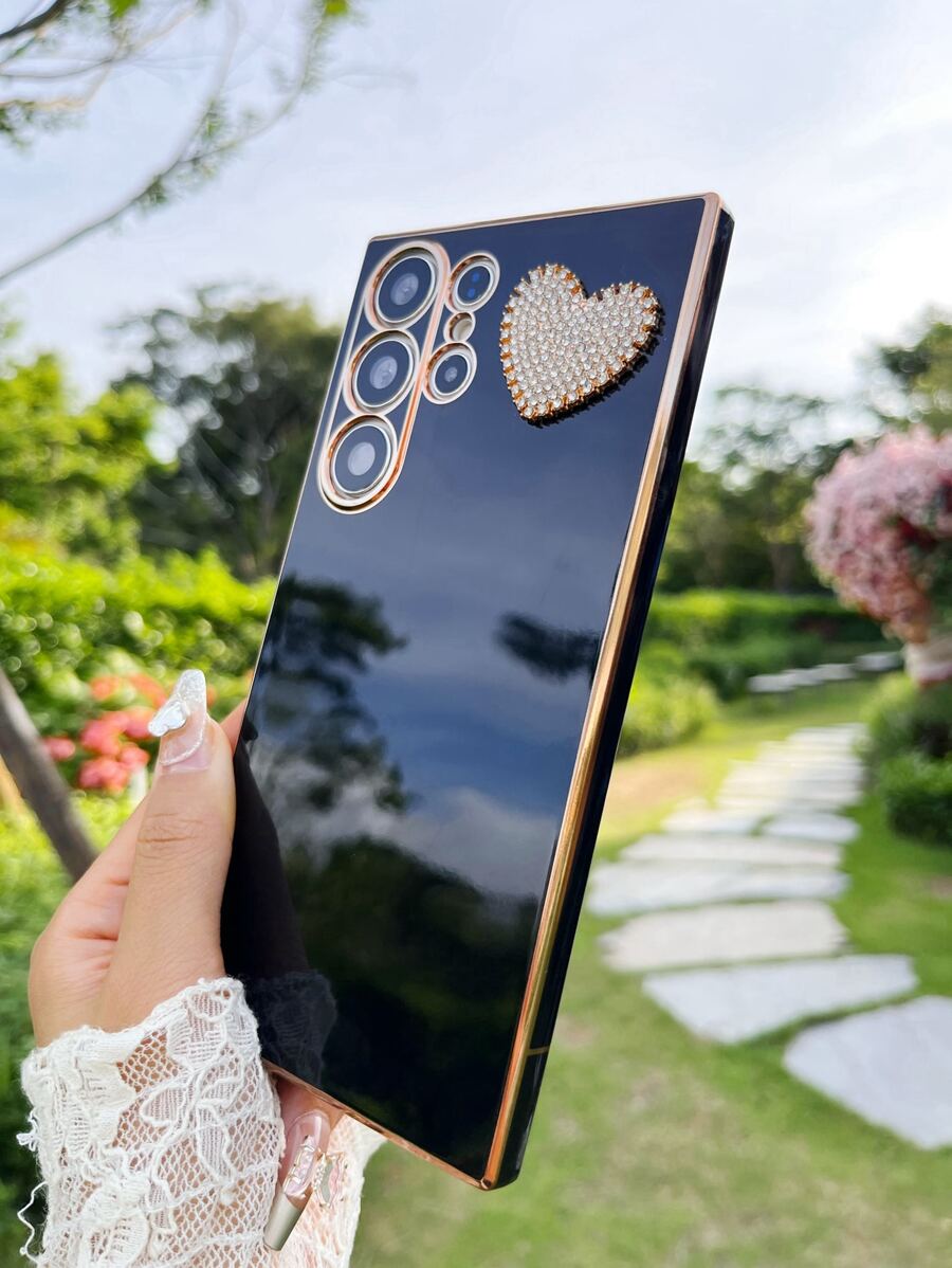 Funda de teléfono con decoración de corazón de strass - Negro - Ver 1
