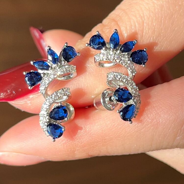 1pair Classical Royal Blue Stone Spiral Pear Cut Zirconia Flower Earrings In Silver Luxury Wedding Jewelry Gift For Women SHEIN