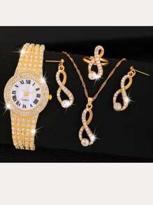 1 Set de reloj de cuarzo con diamantes pavé en tono dorado, con collar, aretes y anillo a juego, adecuado para uso diario, regalo de cumpleaños, fiesta, reunión festiva, regalo ideal para ti o tus amigos. Sin empaque incluido. - Dorado - Ver 1