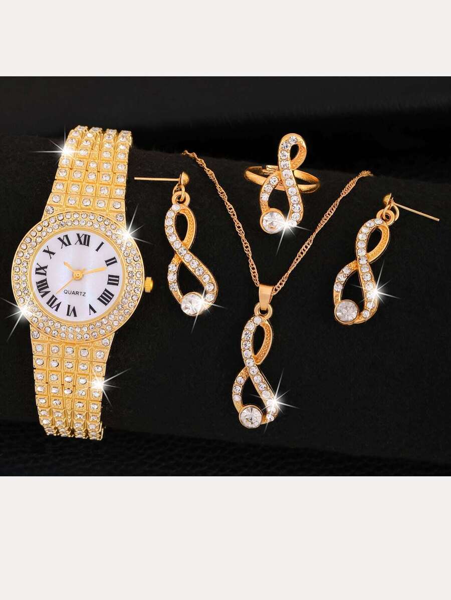 1 Set de reloj de cuarzo con diamantes pavé en tono dorado, con collar, aretes y anillo a juego, adecuado para uso diario, regalo de cumpleaños, fiesta, reunión festiva, regalo ideal para ti o tus amigos. Sin empaque incluido. - Dorado - Ver 1