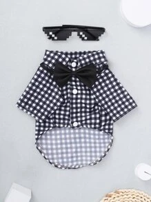 寵物黑色領結格紋襯衫眼鏡三件套套裝 - 黑色 - 查看 4