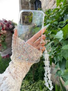 Ốp điện thoại đính kim sa và dây đeo đính hạt hình bướm, phiên bản quốc tế, không phải phiên bản nội địa. - trắng - Xem 5