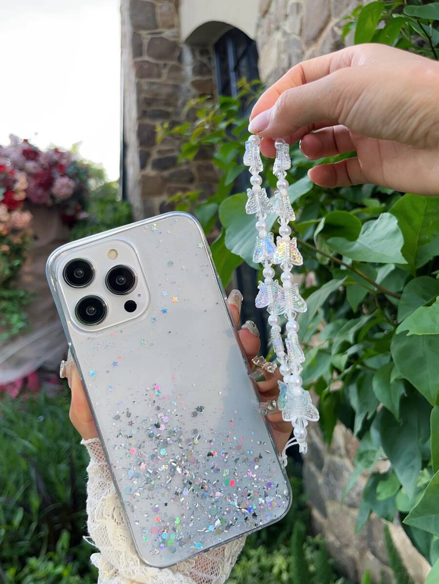 Ốp điện thoại đính kim sa và dây đeo đính hạt hình bướm, phiên bản quốc tế, không phải phiên bản nội địa. - trắng - Xem 1