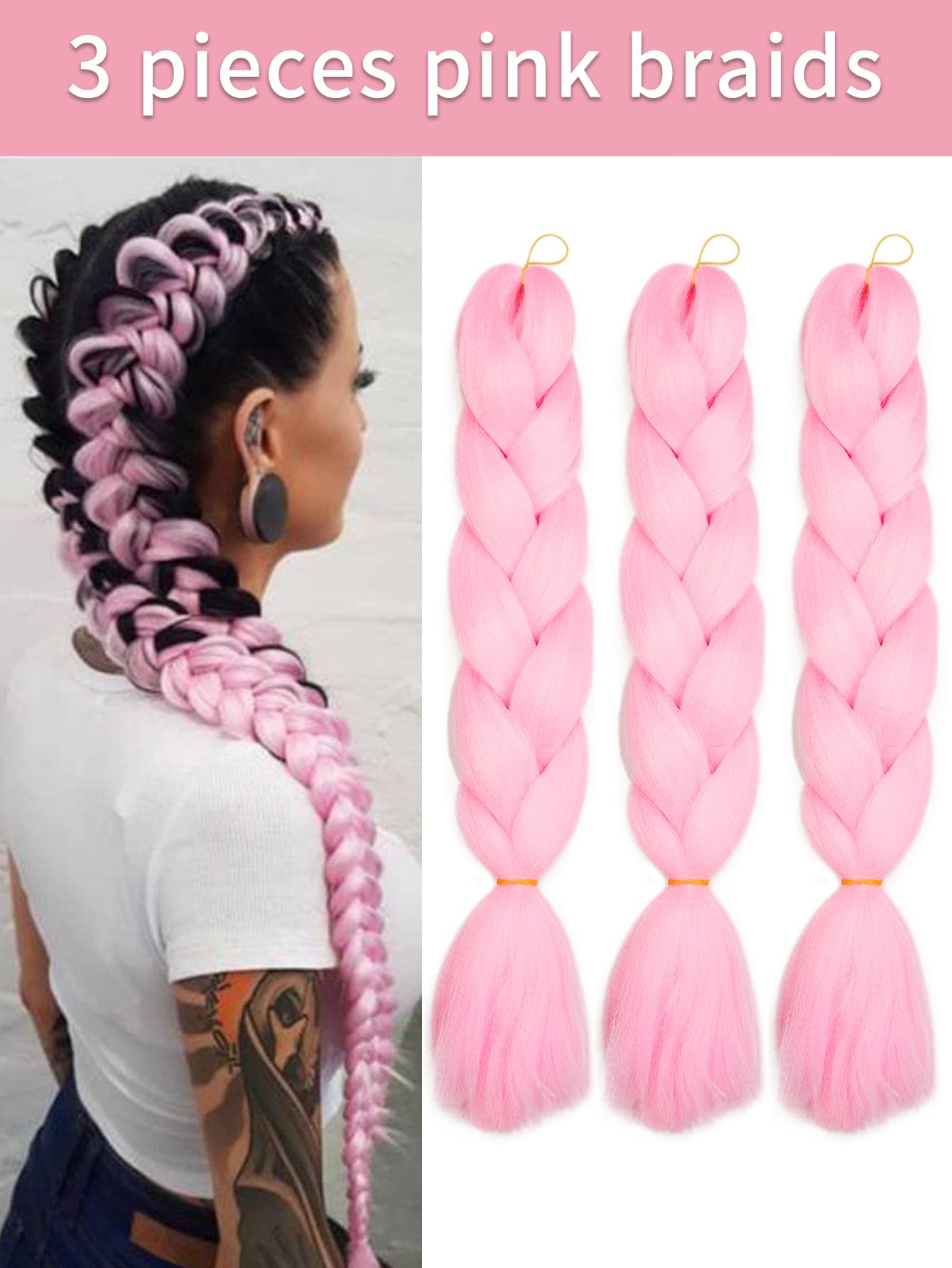 Extensiones de cabello trenzado rosa de 24 pulgadas, 3 paquetes de ...