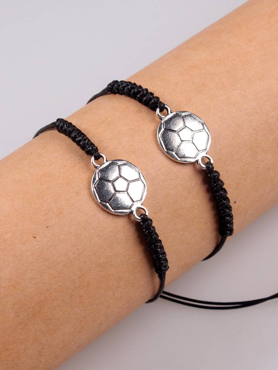 2 Miếng Hợp kim Bóng đá quyến rũ Dây bện Vòng tay Cho nam giới - Màu Bạc Cổ - Xem 1