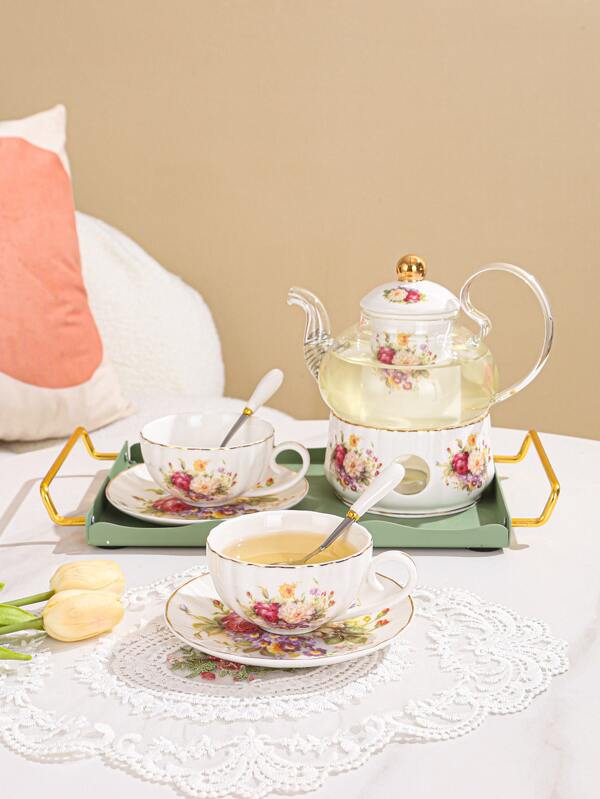 Flower Tea Set Glass Fruit Teapot, English Afternoon Tea Style Tea Set