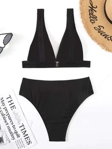 Solid V Neck Bikini Set For Summer Beach