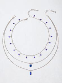 imoli 2pcs/set Minimalist Alloy Random Rhinestone Number Tassel Chain Double-layer Geometric Rhinestone Pendant Multi-layer Necklace Set - Silver - View 6