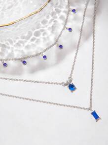 imoli 2pcs/set Minimalist Alloy Random Rhinestone Number Tassel Chain Double-layer Geometric Rhinestone Pendant Multi-layer Necklace Set - Silver - View 4