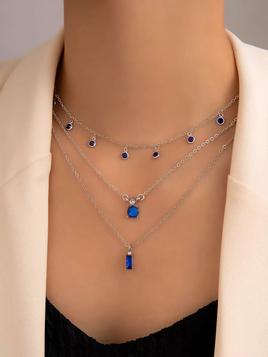 imoli 2pcs/set Minimalist Alloy Random Rhinestone Number Tassel Chain Double-layer Geometric Rhinestone Pendant Multi-layer Necklace Set