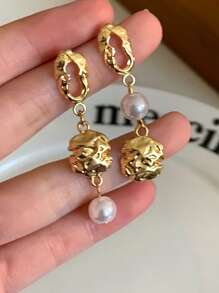 Gold Pearl Earrings Asymmetrical Baroque Narural Pearl Earrings Chain Drop Cuff Earrings Jewelry Gift For Women & Girls
