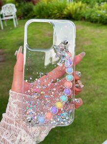 Sequin Decor Clear Phone Case With Beaded Hand Strap - White - View 6