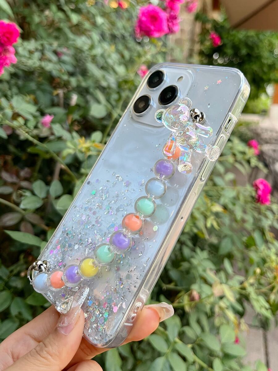 Sequin Decor Clear Phone Case With Beaded Hand Strap - White - View 1
