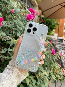 Sequin Decor Clear Phone Case With Beaded Hand Strap - White - View 7