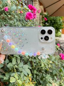 Sequin Decor Clear Phone Case With Beaded Hand Strap - White - View 3