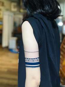 草本臨時紋身貼紙可持續7-14天,2入組簡單時尚手臂紋身貼紙, 防水正方形與漸變線條紋身貼紙,適用於手腕和手臂,一次性紋身貼紙,適合男女使用 - 藍色 - 查看 1