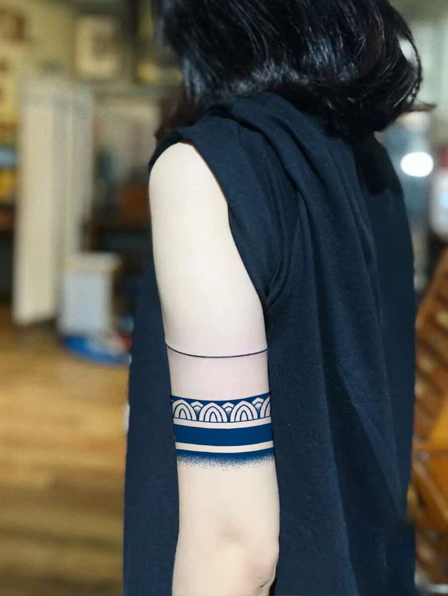 草本臨時紋身貼紙可持續7-14天,2入組簡單時尚手臂紋身貼紙, 防水正方形與漸變線條紋身貼紙,適用於手腕和手臂,一次性紋身貼紙,適合男女使用 - 藍色 - 查看 1