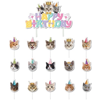 16pcs Cat Theme Paper Birthday Party Cake Topper Picks & Cupcake Toppers