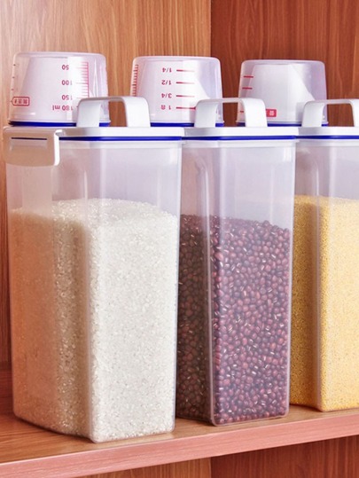 1 pieza 2.5L estilo japones de plástico sellado arroz Cubo de almacenamiento con que lleva asa , A prueba de humedad a prueba de insectos cocina Recipiente para alimentos