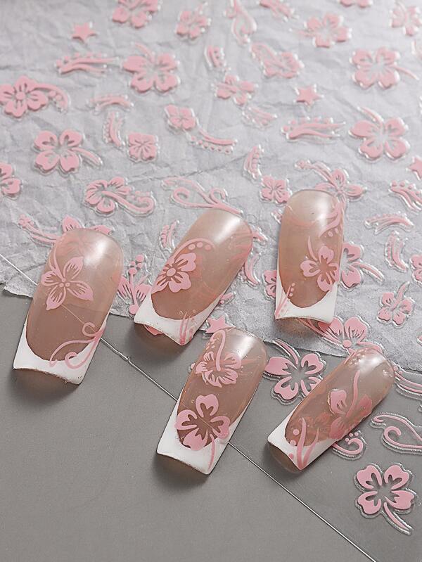 2pcs 3D Hibiscus Flower Nail Stickers Summer Decor Pink White Flowers