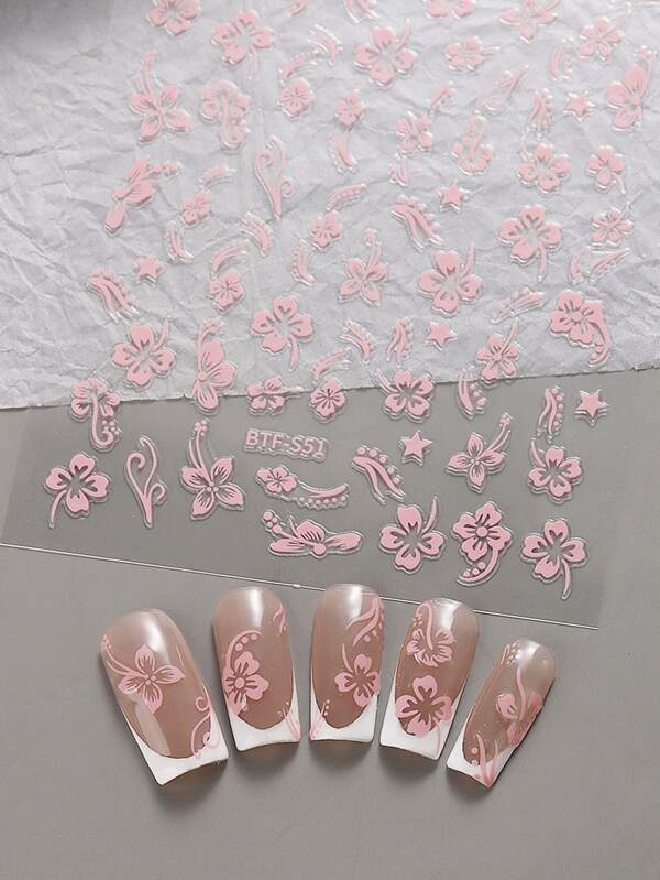 2pcs 3D Hibiscus Flower Nail Stickers Summer Decor Pink White Flowers