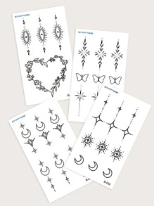 4 张黑色星空、新月、蝴蝶和心形图案临时纹身贴纸，适用于手指、耳朵、颈部和其他部位