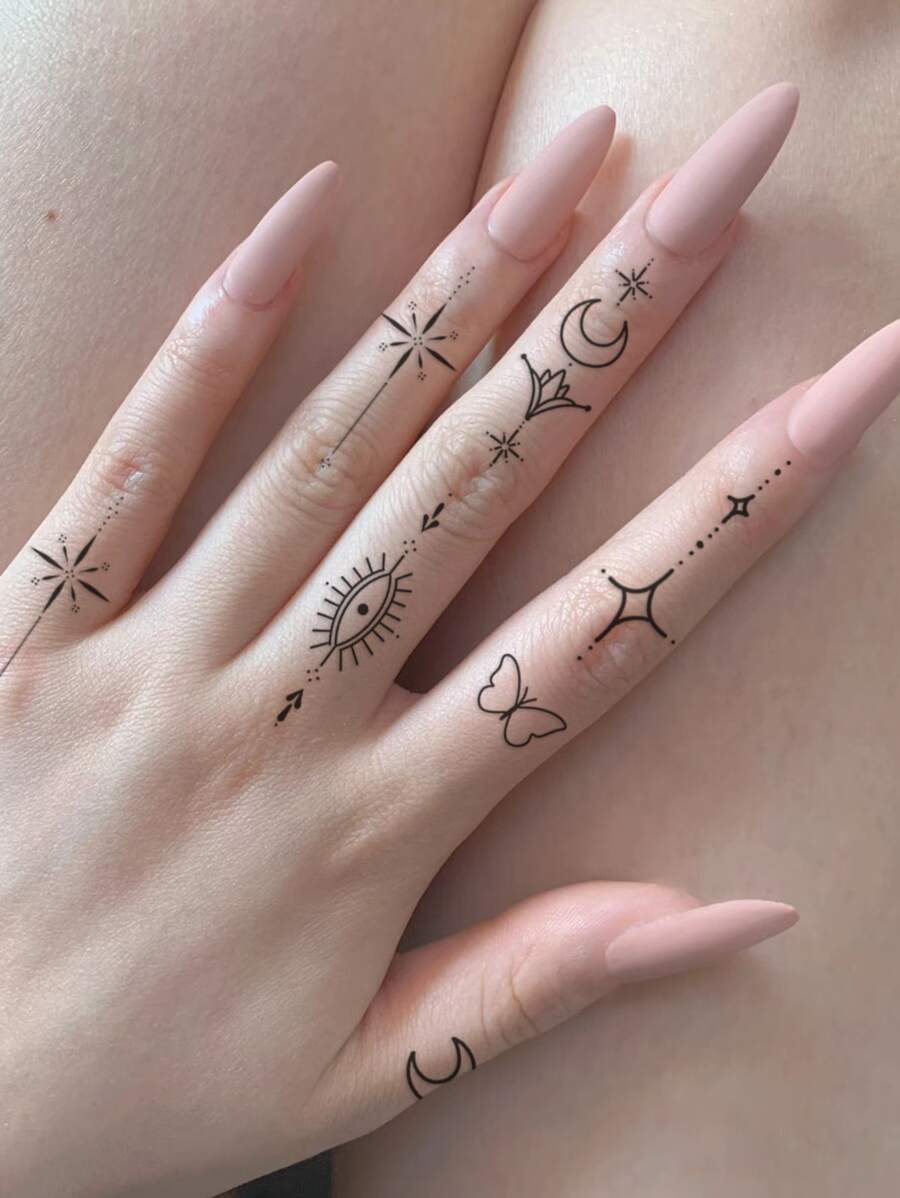 4 张黑色星空、新月、蝴蝶和心形图案临时纹身贴纸，适用于手指、耳朵、颈部和其他部位