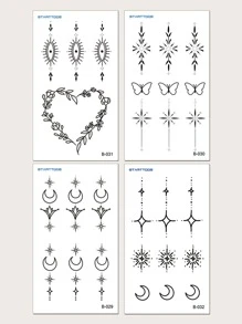 4 张黑色星空、新月、蝴蝶和心形图案临时纹身贴纸，适用于手指、耳朵、颈部和其他部位