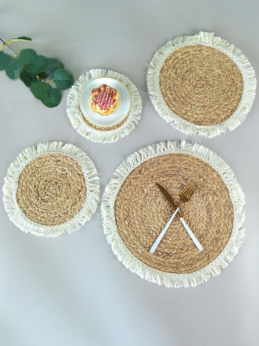 圓形加厚編織餐墊帶隔熱和流蘇設計杯子杯墊 - 彩色 - 查看 1