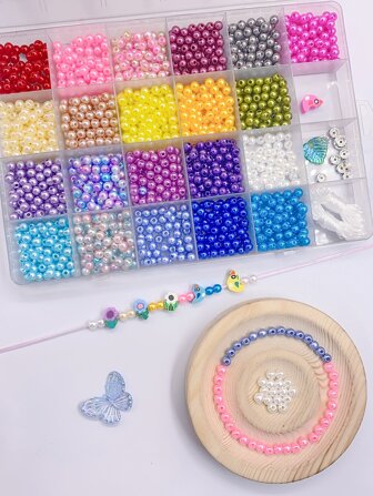 1box/Set Stylish 24 Grids Rainbow Color Straight Hole Faux Pearl Diy Beads For Jewelry Making