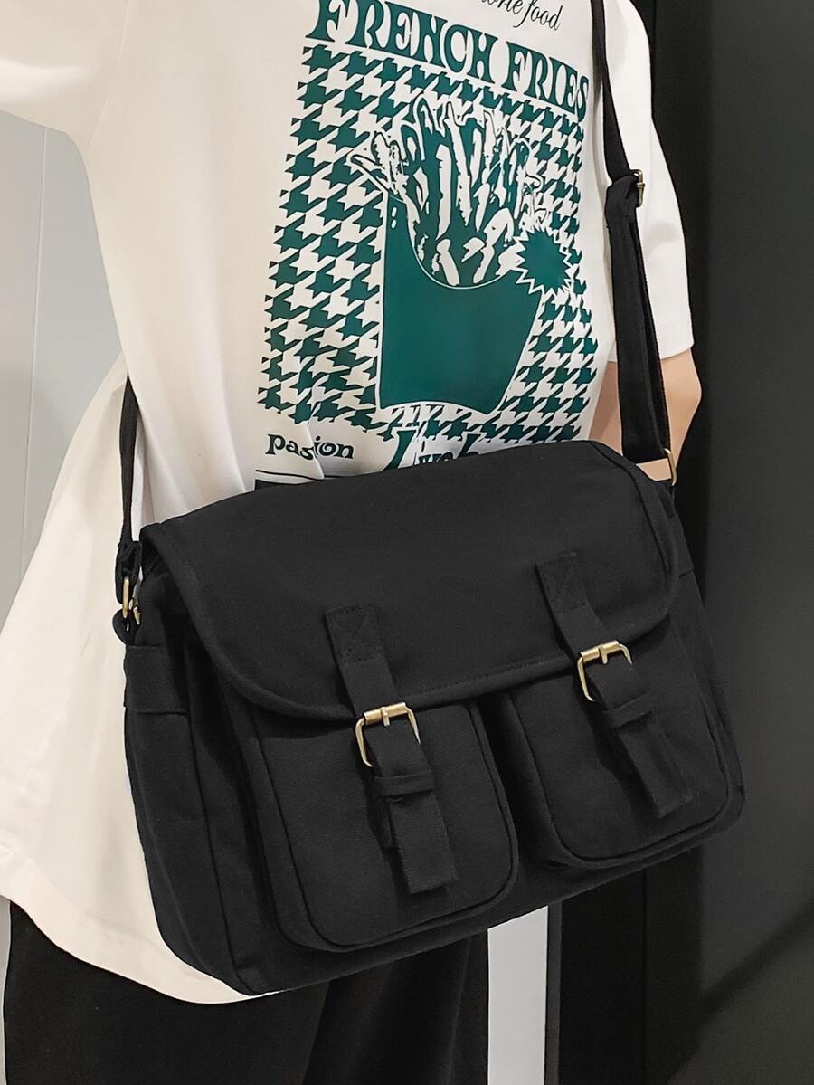 Men Black Minimalist Large Capacity Flap Messenger Bag, School Bag For Travel & College Crossbody Bag Sling Bag Shoulder Bag Side Bag For Men Back to School Anti Theft Multifunctional - Black - View 1