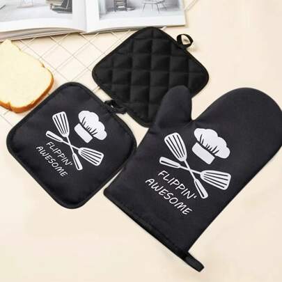 1pc Kitchen Printed Heat Resistant Glove And 1pc Heat Insulation Pad